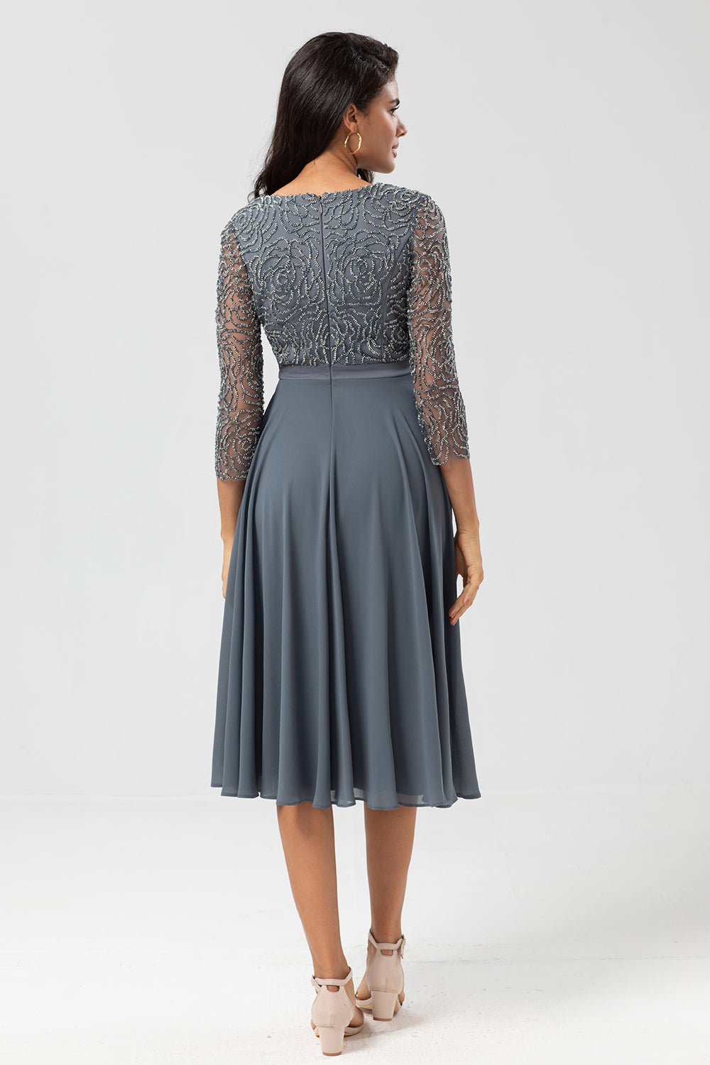 A Line Eucalyptus V-Neck Beaded Long Sleeves Bridesmaid Dress