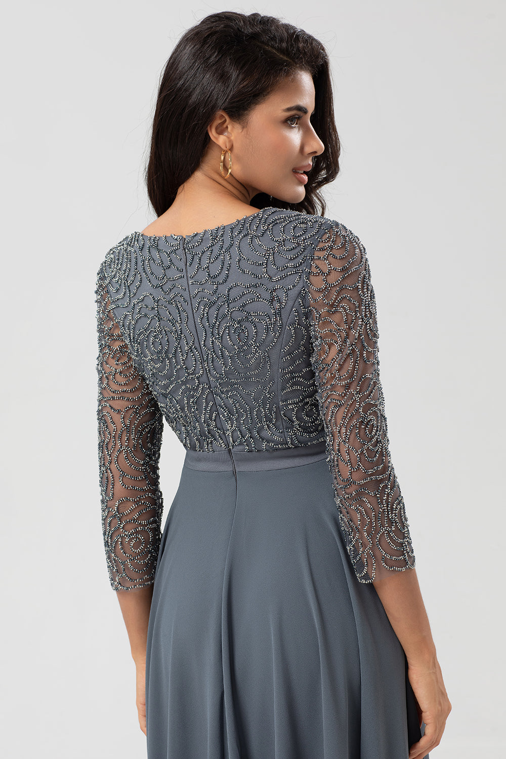 A Line Eucalyptus V-Neck Beaded Long Sleeves Bridesmaid Dress
