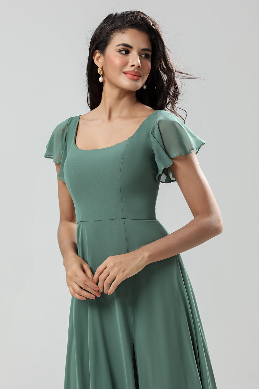 A-Line Eucalyptus Long Bridesmaid Dress with Ruffles