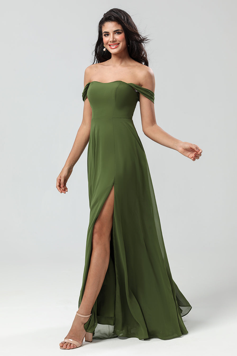A Line Off the Shoulder Floor-Length Chiffon Bridesmaid Dress with Slit