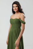 A Line Off the Shoulder Floor-Length Chiffon Bridesmaid Dress with Slit