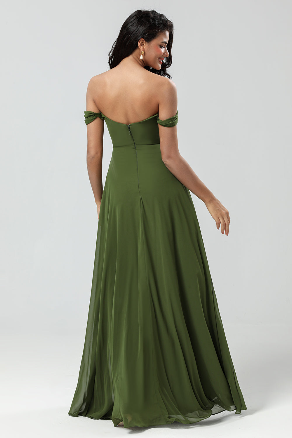 A Line Off the Shoulder Floor-Length Chiffon Bridesmaid Dress with Slit