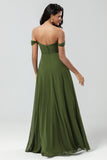 A Line Off the Shoulder Floor-Length Chiffon Bridesmaid Dress with Slit