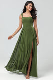 A Line Off the Shoulder Floor-Length Chiffon Bridesmaid Dress with Slit