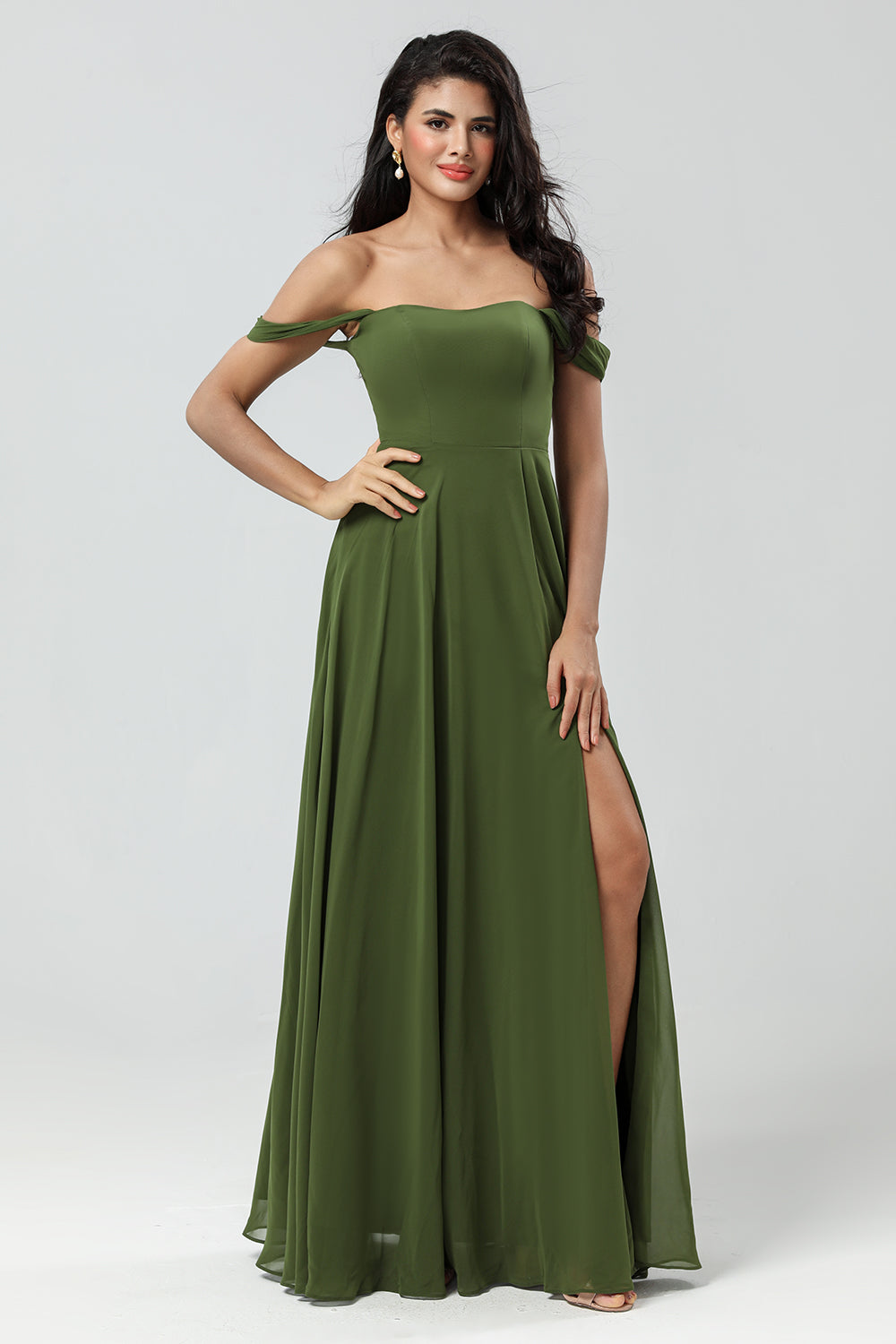 A Line Off the Shoulder Floor-Length Chiffon Bridesmaid Dress with Slit