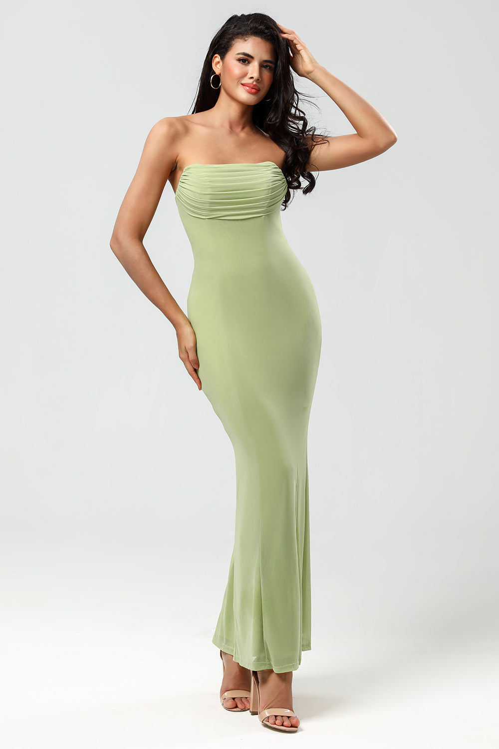Lemon Green Mermaid Strapless Floor Length Bridesmaid Dress with Slit