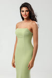Lemon Green Mermaid Strapless Floor Length Bridesmaid Dress with Slit