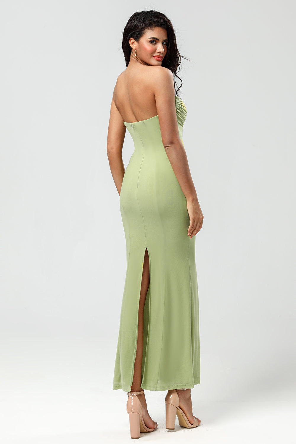 Lemon Green Mermaid Strapless Floor Length Bridesmaid Dress with Slit