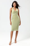 Dusty Sage Bodycon Halter Tea Length Bridesmaid Dress with Slit