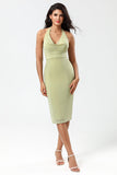 Dusty Sage Bodycon Halter Tea Length Bridesmaid Dress with Slit
