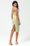 Dusty Sage Bodycon Halter Tea Length Bridesmaid Dress with Slit