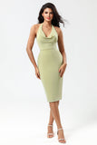 Dusty Sage Bodycon Halter Tea Length Bridesmaid Dress with Slit