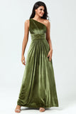 A Line One Shoulder Ruched Floor-Length Velvet Bridesmaid Dress