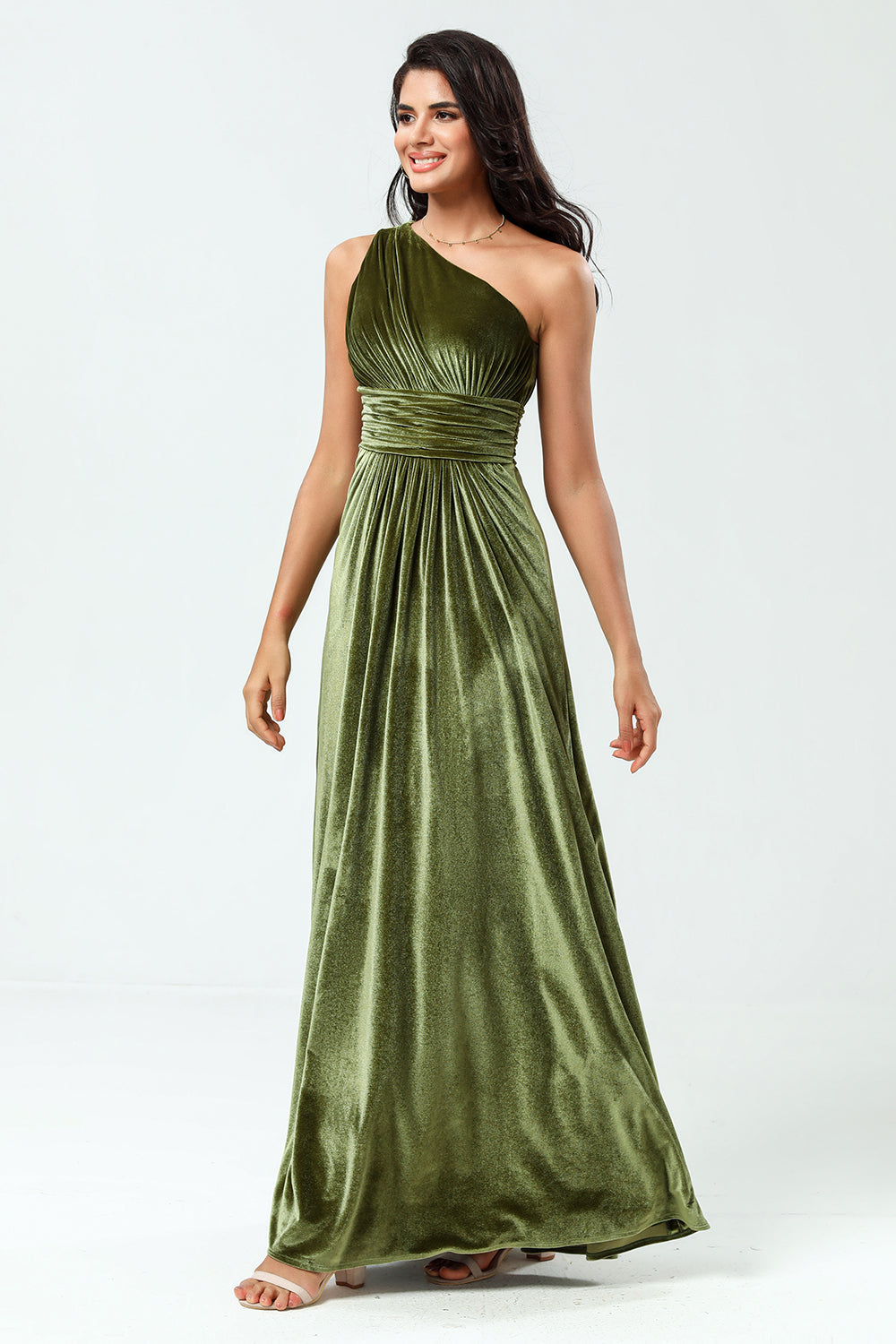 A Line One Shoulder Ruched Floor-Length Velvet Bridesmaid Dress
