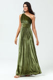A Line One Shoulder Ruched Floor-Length Velvet Bridesmaid Dress