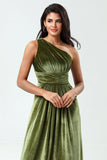 A Line One Shoulder Ruched Floor-Length Velvet Bridesmaid Dress