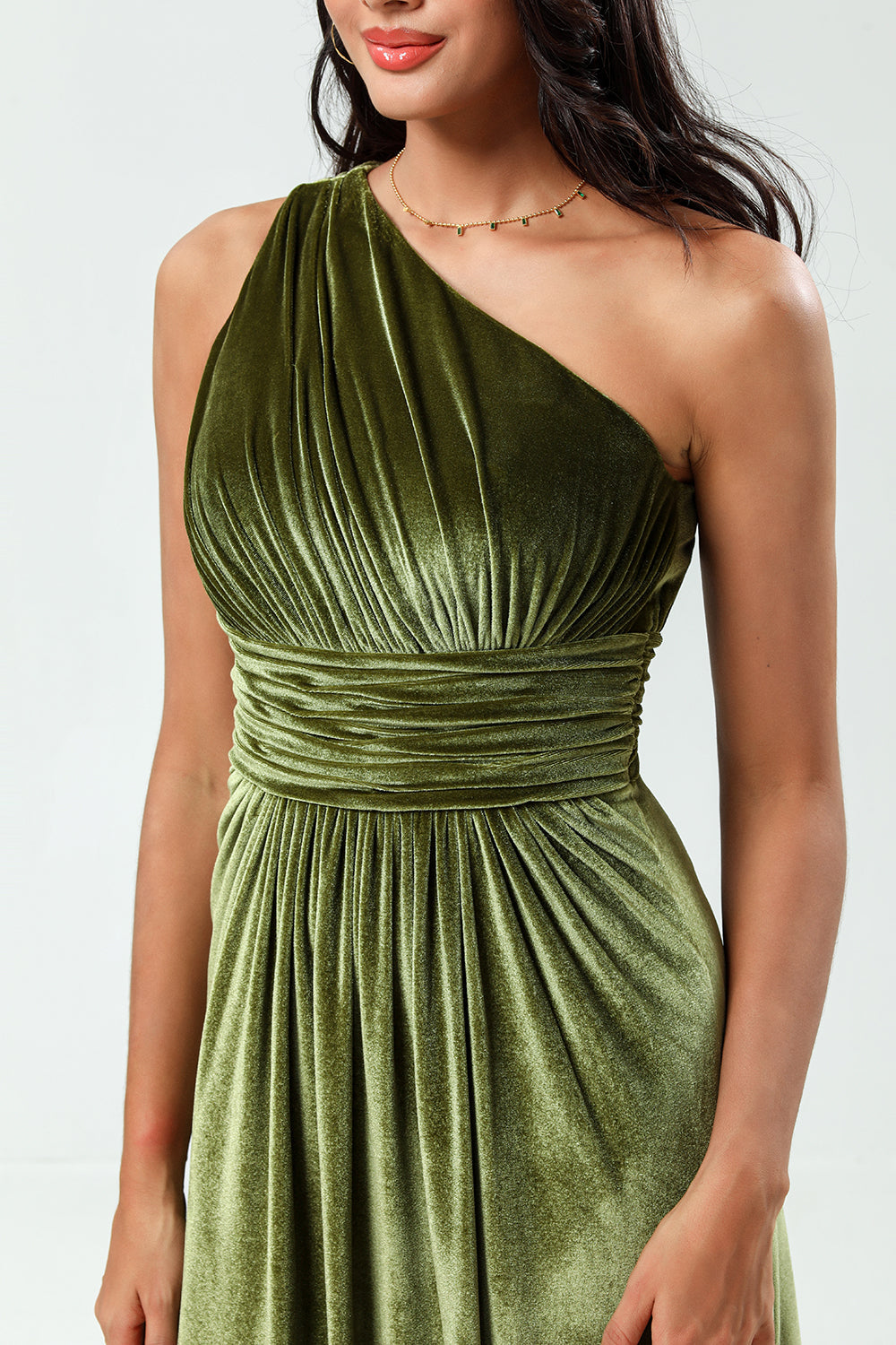 A Line One Shoulder Ruched Floor-Length Velvet Bridesmaid Dress