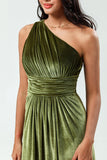 A Line One Shoulder Ruched Floor-Length Velvet Bridesmaid Dress