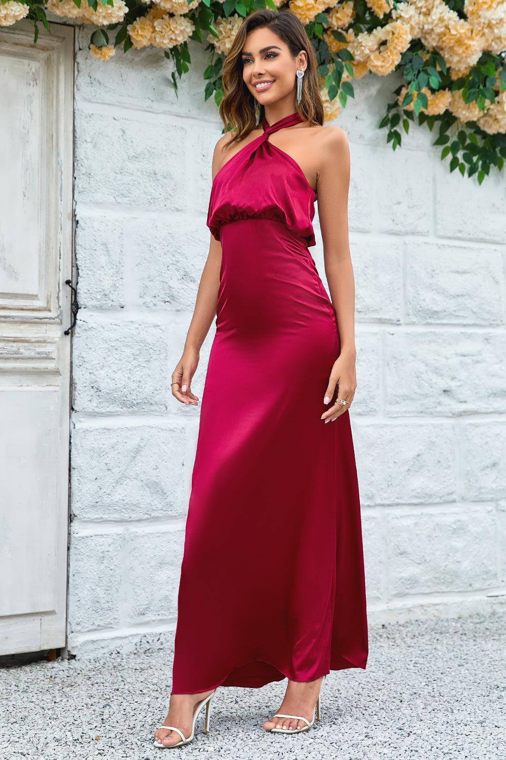 Burgundy Sheath A Line Halter Floor Length Satin Bridesmaid Dress