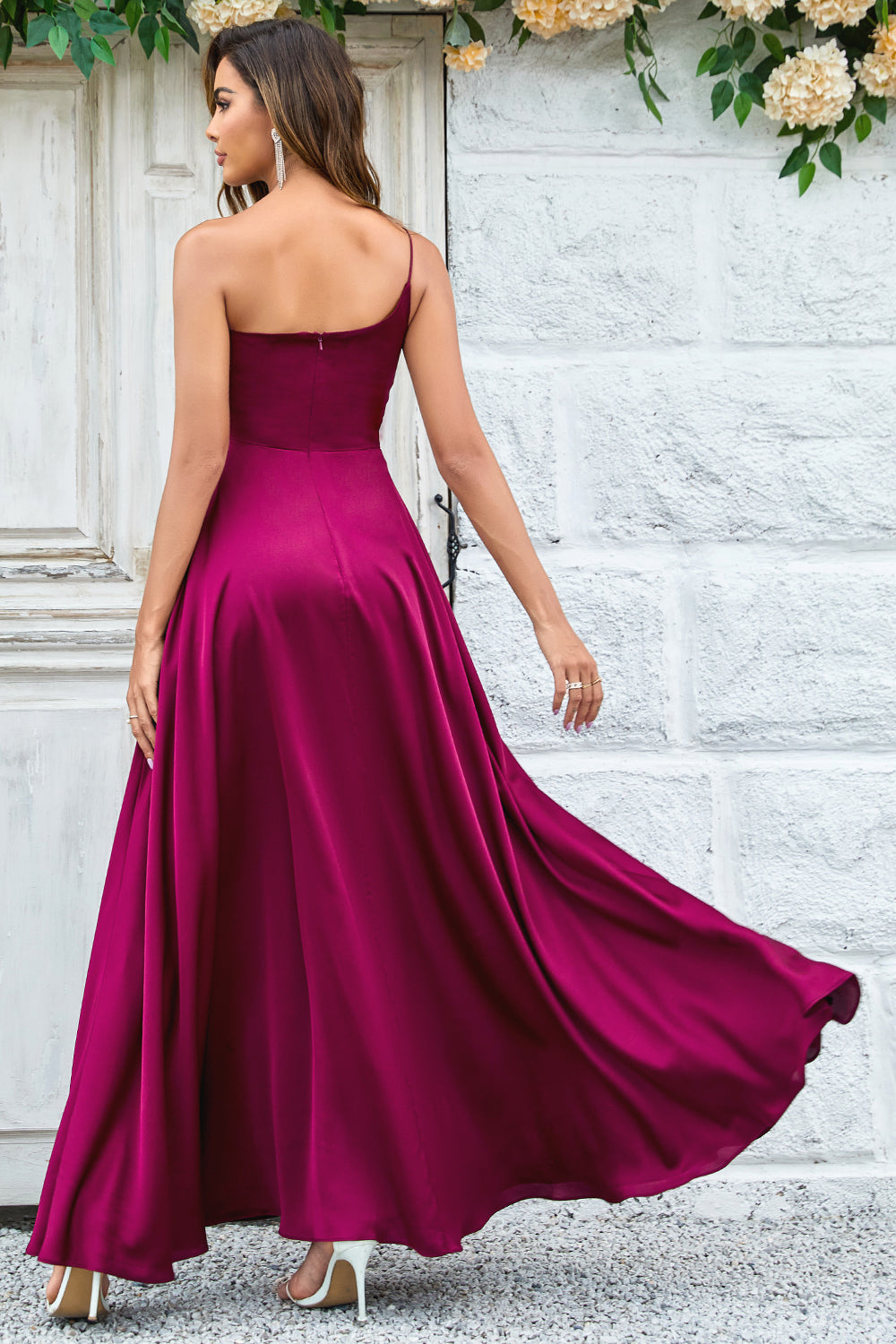 Burgundy A-Line One Shoulder Floor Length Satin Bridesmaid Dress