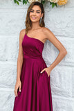 Burgundy A-Line One Shoulder Floor Length Satin Bridesmaid Dress