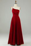 Burgundy A-Line One Shoulder Satin Long Bridesmaid Dress with Ruffles