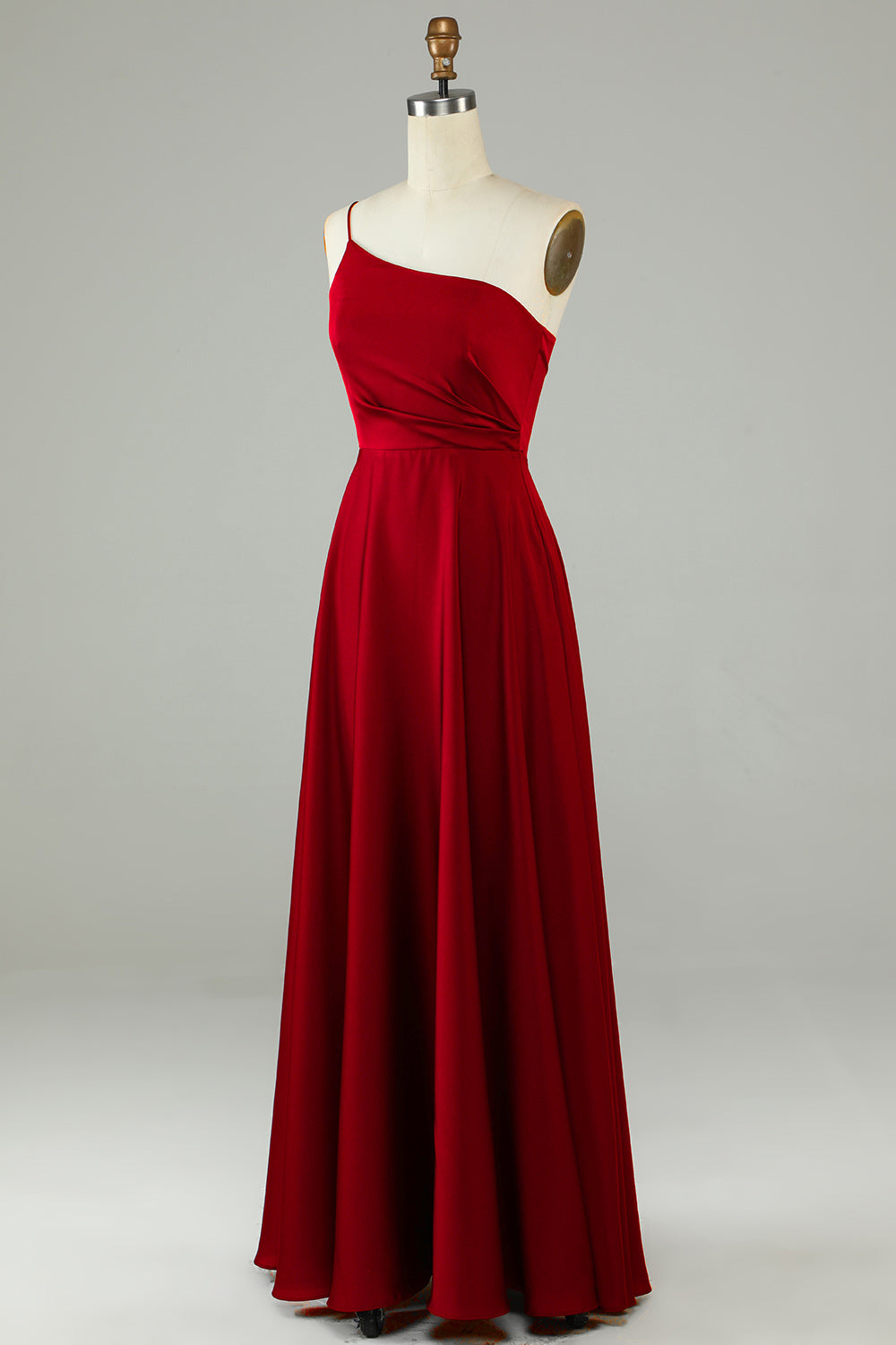 Burgundy A-Line One Shoulder Satin Long Bridesmaid Dress with Ruffles
