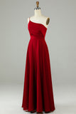 Burgundy A-Line One Shoulder Satin Long Bridesmaid Dress with Ruffles
