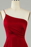 Burgundy A-Line One Shoulder Satin Long Bridesmaid Dress with Ruffles