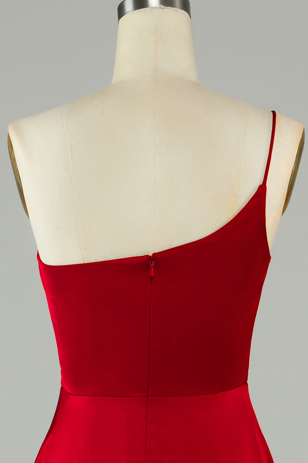 Burgundy A-Line One Shoulder Satin Long Bridesmaid Dress with Ruffles