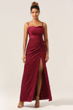 Sheath Spaghetti Straps Burgundy Long Bridesmaid Dress with Split Front