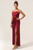 Sheath Spaghetti Straps Burgundy Long Bridesmaid Dress with Split Front