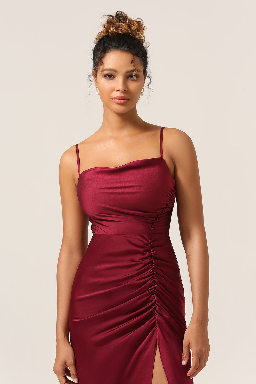 Sheath Spaghetti Straps Burgundy Long Bridesmaid Dress with Split Front