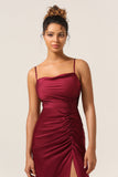 Sheath Spaghetti Straps Burgundy Long Bridesmaid Dress with Split Front