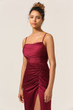 Sheath Spaghetti Straps Burgundy Long Bridesmaid Dress with Split Front