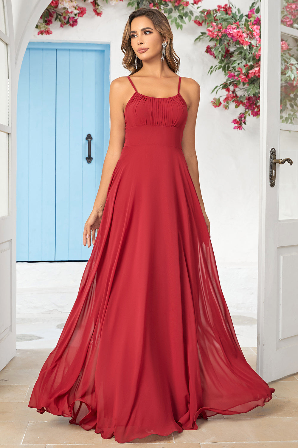 Burgundy A-Line Spaghetti Straps Chiffon Long Bridesmaid Dress
