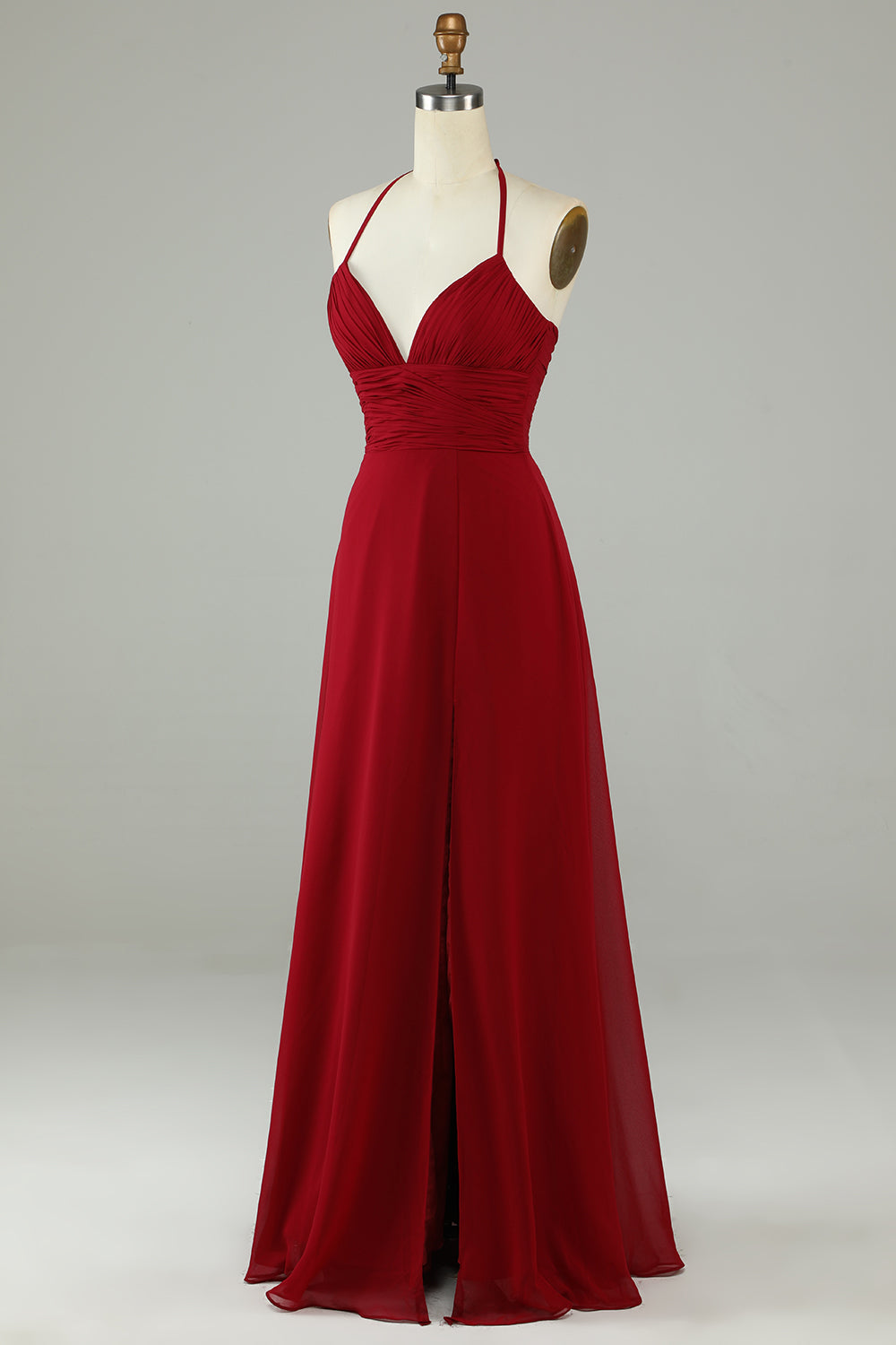 Burgundy A-Line Halter Chiffon Long Bridesmaid Dress with Slit