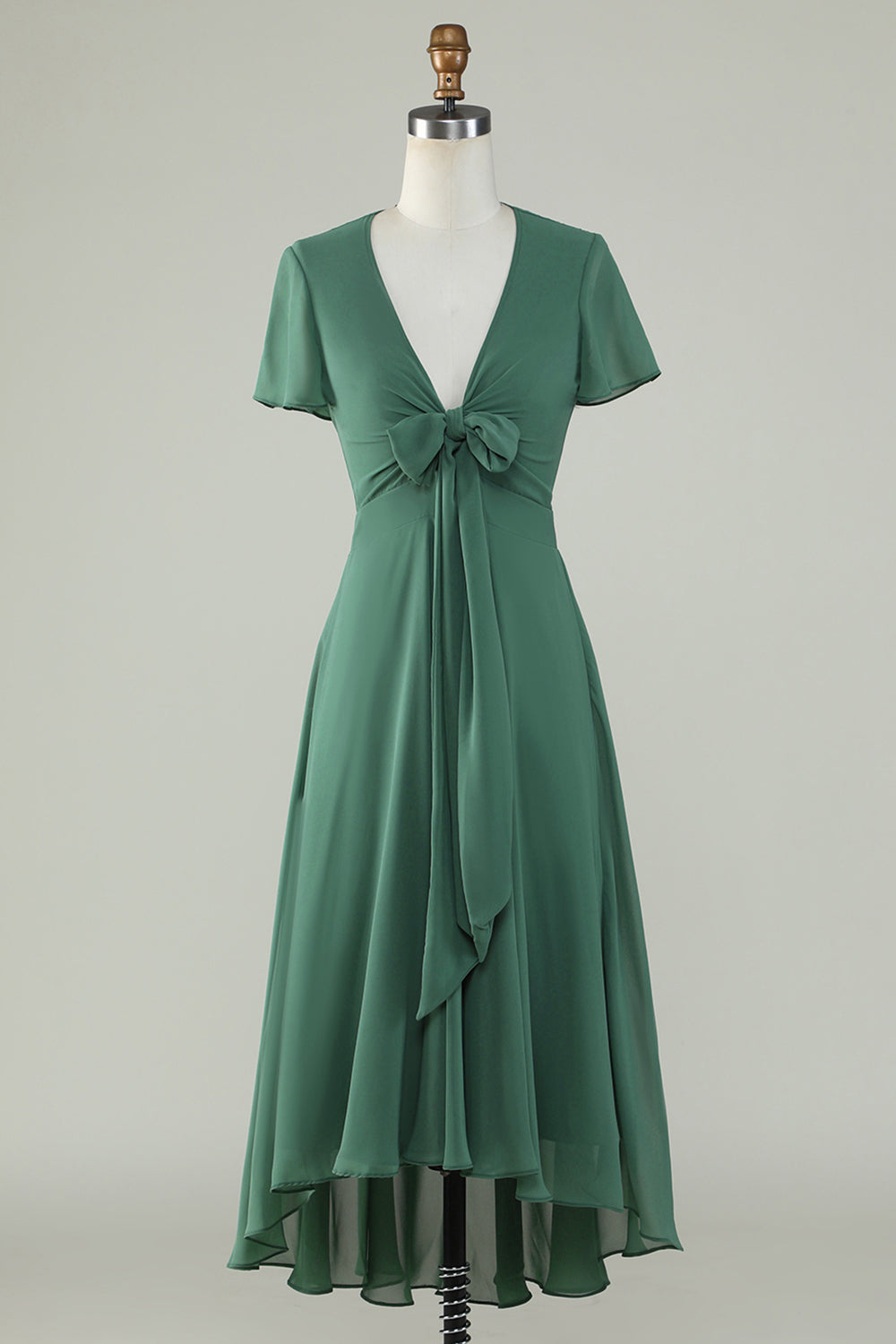 A Line V-Neck Short Sleeves Eucalyptus Bridesmaid Dress With Bow