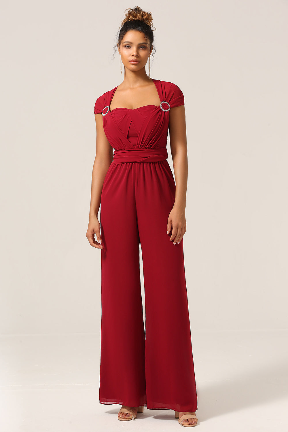 Burgundy Convertible Floor Length Chiffon Pant Suit For Bridesmaid