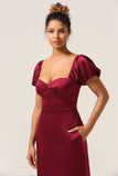 Burgundy Sheath Square Neck Tea-Length Satin Bridesmaid Dress with Ruffles