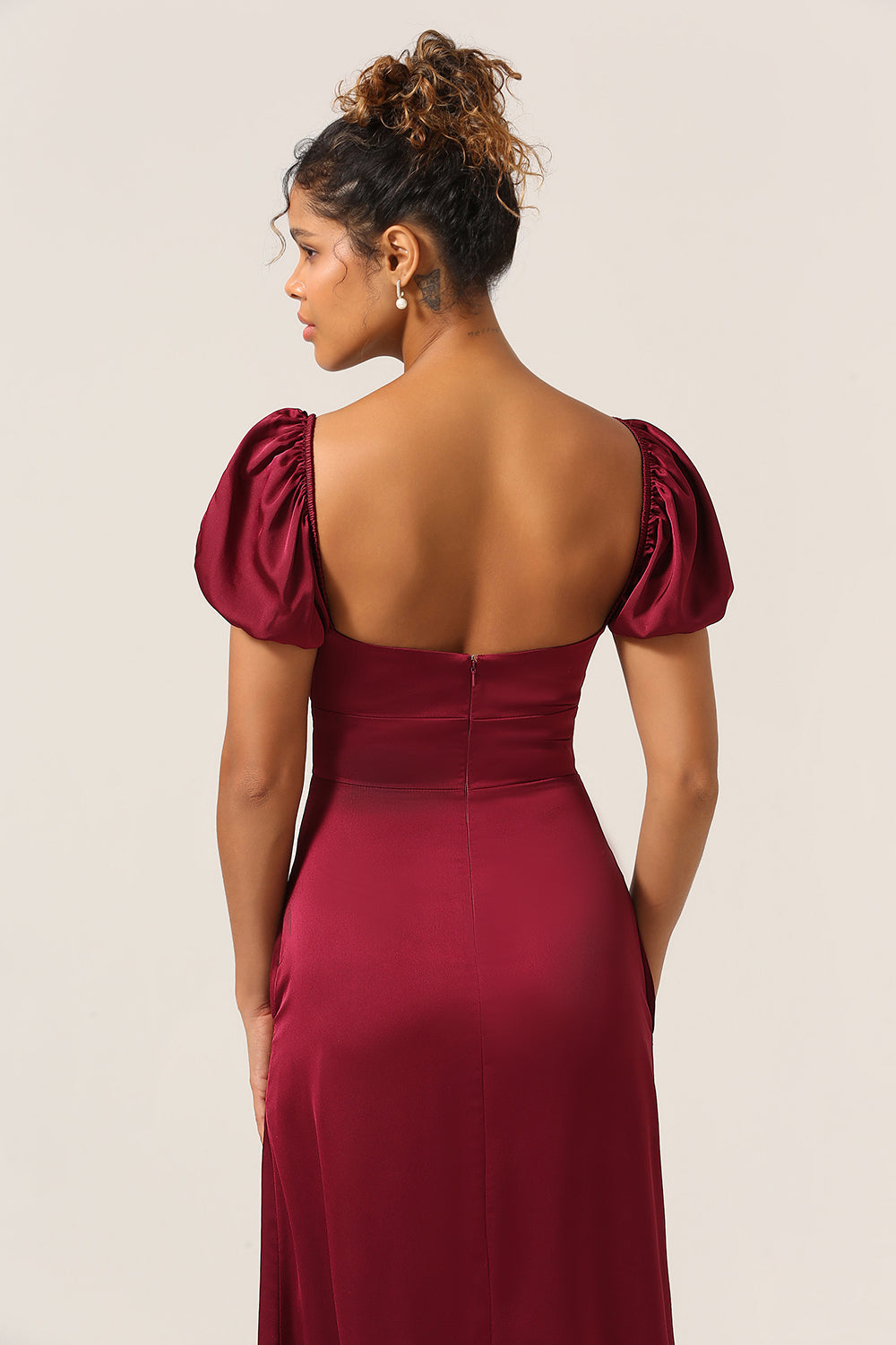 Burgundy Sheath Square Neck Tea-Length Satin Bridesmaid Dress with Ruffles