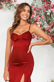 Burgundy Mermaid Spaghetti Straps Long Prom Dress with Slit