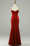 Burgundy Mermaid Spaghetti Straps Long Prom Dress with Slit