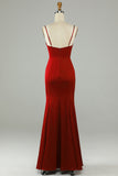 Burgundy Mermaid Spaghetti Straps Long Prom Dress with Slit