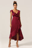 Burgundy Asymmetrical V-Neck Long Bridesmaid Dress with Ruffles