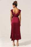 Burgundy Asymmetrical V-Neck Long Bridesmaid Dress with Ruffles
