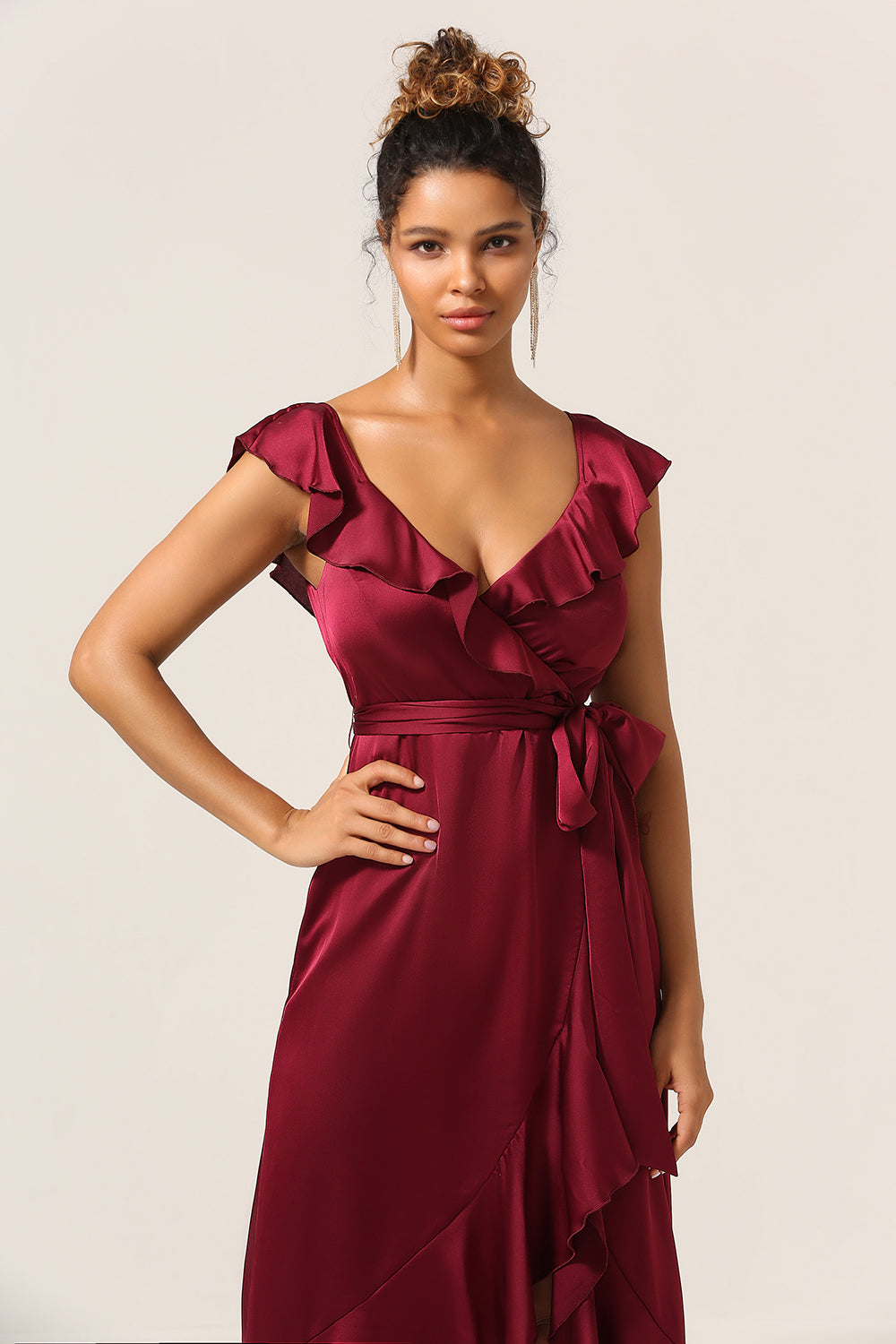Burgundy Asymmetrical V-Neck Long Bridesmaid Dress with Ruffles