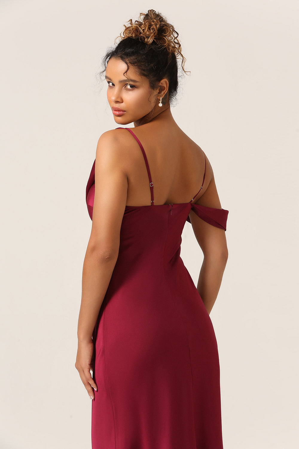 Cabernet Mermaid Floor Length Satin Bridesmaid Dress with Sleeveless