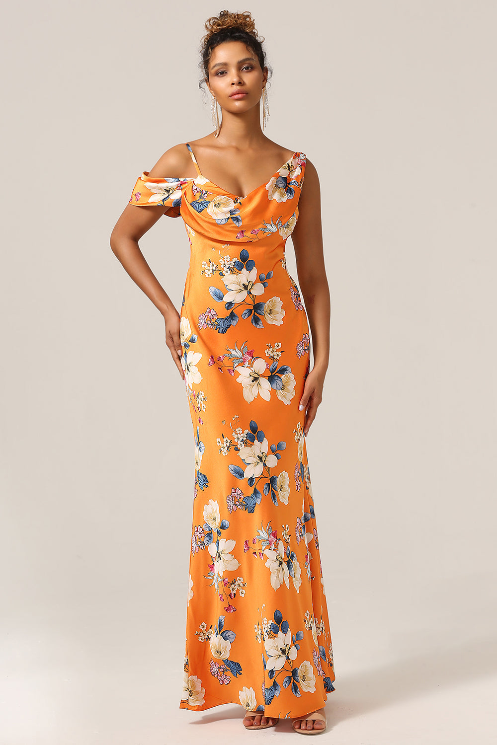 Orange Flower Mermaid Cold Shoulder Cowl Neck Satin Bridesmaid Dress