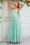 Green A-Line Spaghetti Straps Satin Floor Length Dress For Wedding Party